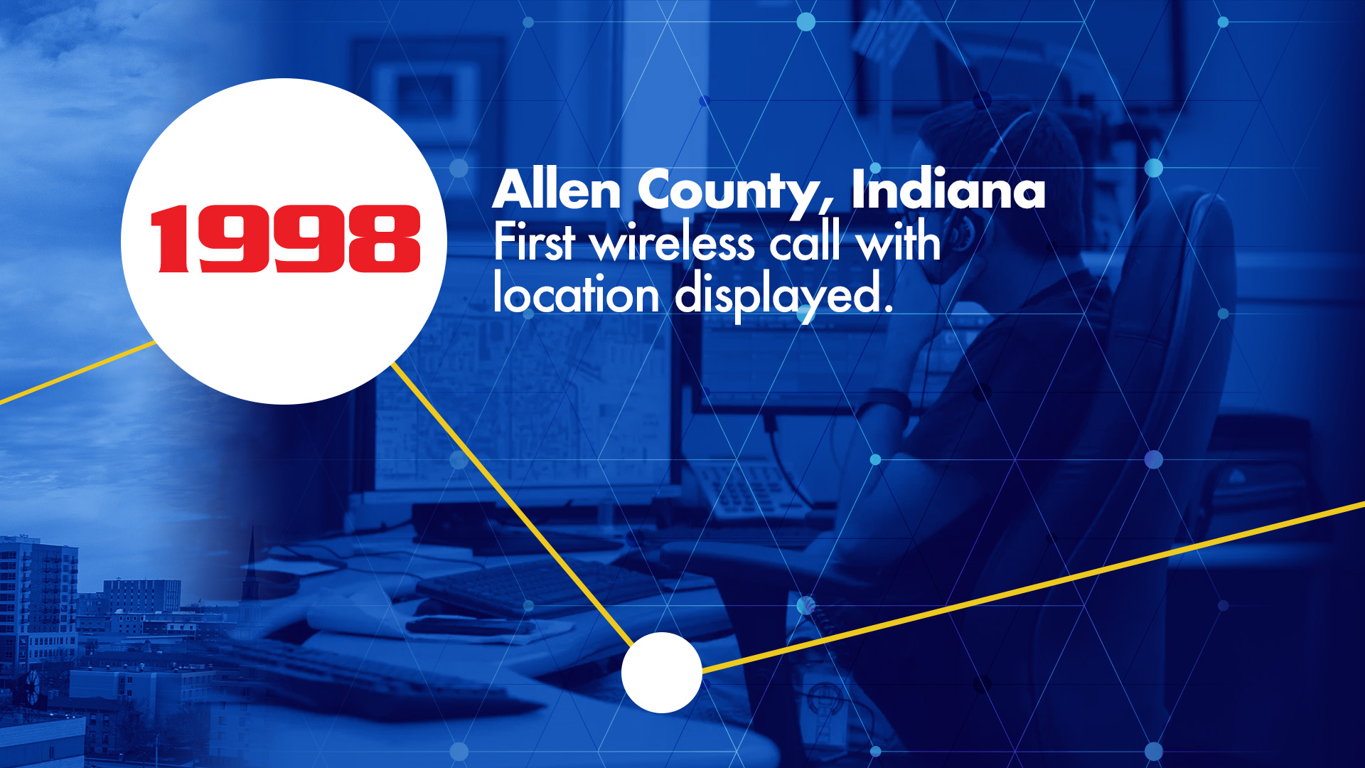 1998 - Allen County, Indiana. First wireless call with location displayed. Details: According to NENA (the National Emergency Number Association), the first wireless call with location displayed in the United States was made in Allen County, Indiana on March 31, 1998.